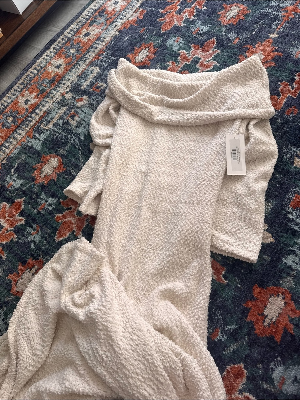 Off-Shoulder Long Sleeve Sweater Dress in Cream